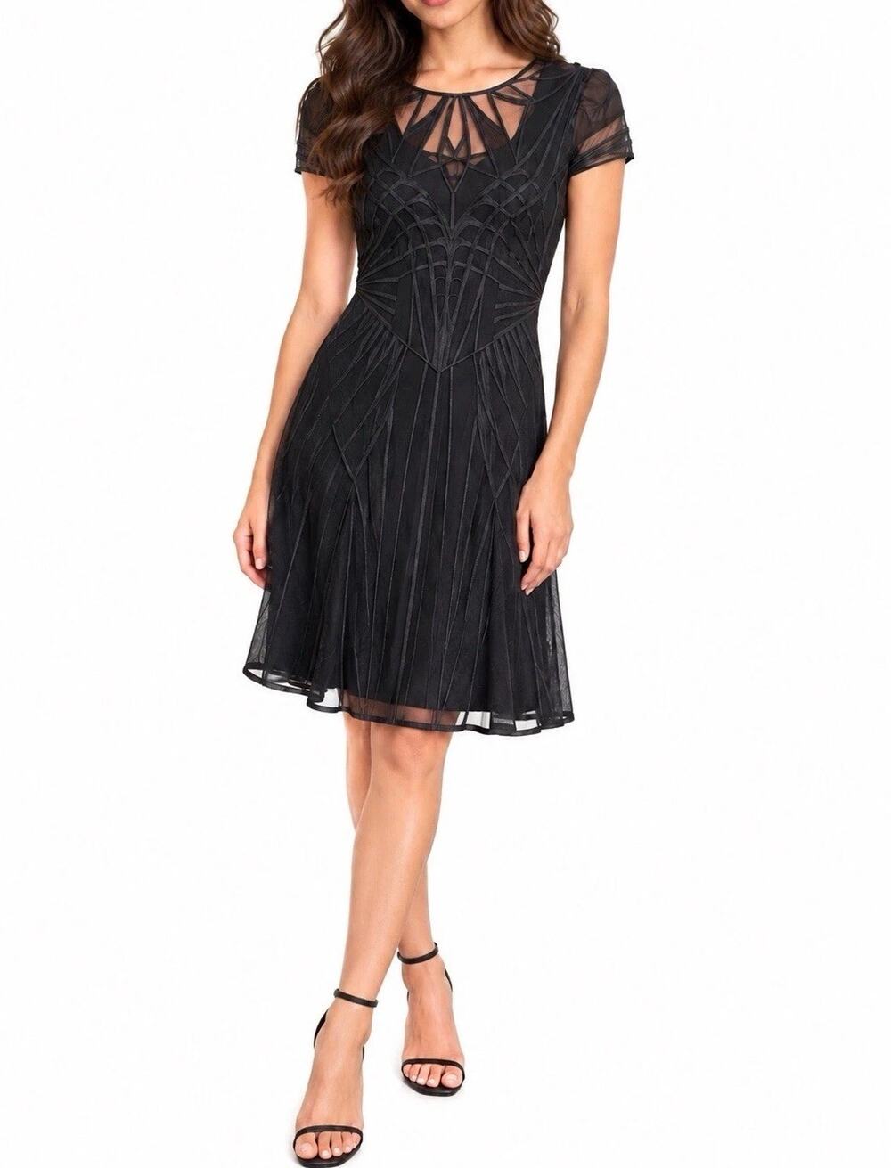 Karen Millen Black Geometric Embroidered Mesh Dress US 6 Party Cocktail